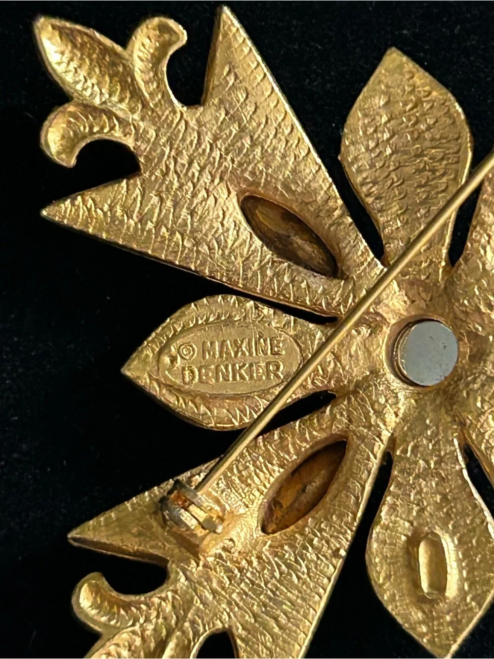 Maltese Cross with Fleur de Lis Brooch Rhinestone Purple Brown Gold Signed